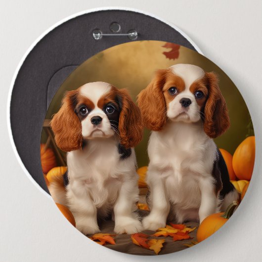Cavalier King Charles Spaniel Puppy Autumn Pumpkin Button (Vorne & Hinten)