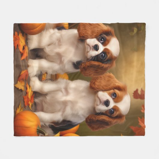 Cavalier King Charles Spaniel Puppy Autumn Pumpkin Fleecedecke (Vorderseite (Horizontal))
