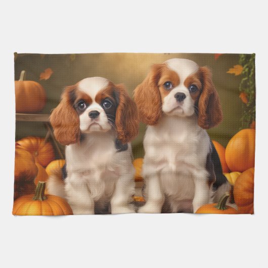 Cavalier King Charles Spaniel Puppy Autumn Pumpkin Geschirrtuch (Horizontal)