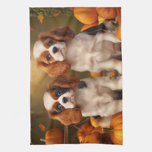 Cavalier King Charles Spaniel Puppy Autumn Pumpkin Geschirrtuch (Vertikal)
