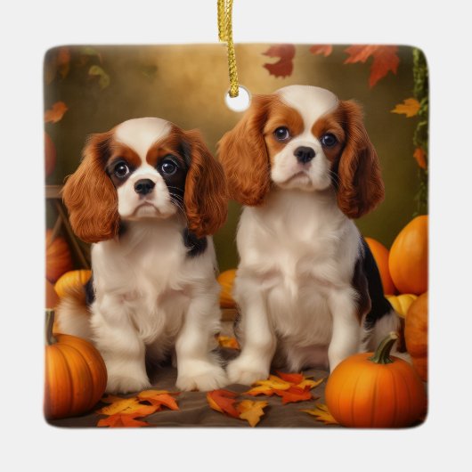 Cavalier King Charles Spaniel Puppy Autumn Pumpkin Keramikornament (Vorderseite)