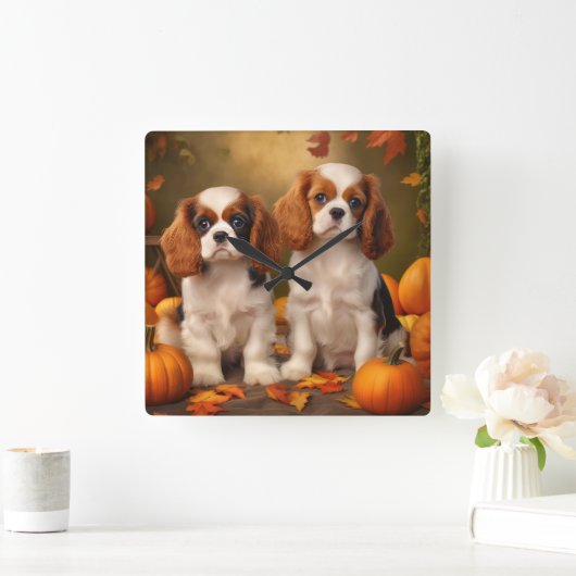 Cavalier King Charles Spaniel Puppy Autumn Pumpkin Quadratische Wanduhr (Zuhause)
