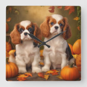 Cavalier King Charles Spaniel Puppy Autumn Pumpkin Quadratische Wanduhr (Vorderseite)