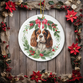 Cavalier King Charles Spaniel Red Bow Holly Wreath Keramik Ornament
