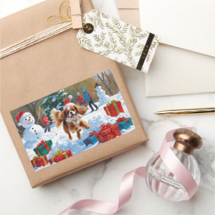 Cavalier King Charles Spaniel Schnee mit Weihnacht Rechteckiger Aufkleber
