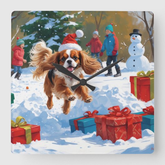 Cavalier King Charles Spaniel Snow mit Weihnachten Quadratische Wanduhr (Vorderseite)