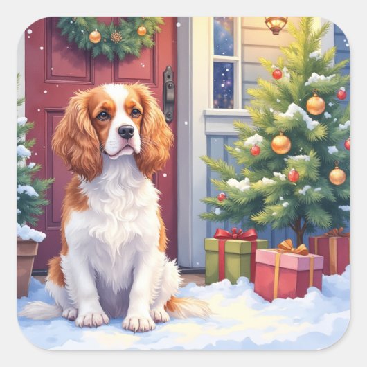 Cavalier King Charles Spaniel Snowy Christmas Quadratischer Aufkleber (Vorderseite)