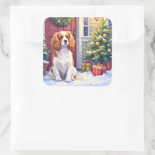 Cavalier King Charles Spaniel Snowy Christmas Quadratischer Aufkleber (Tasche)