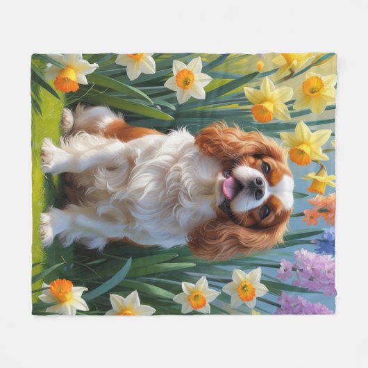 Cavalier King Charles Spaniel Spring Flowers Fleecedecke (Vorderseite (Horizontal))