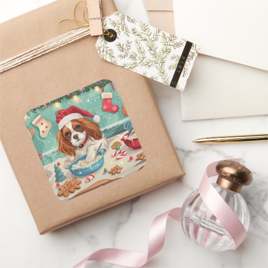 Cavalier King Charles Spaniel Weihnachtsgebäck Quadratischer Aufkleber (Schenken)