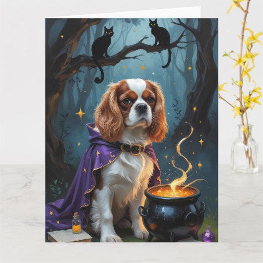 Cavalier King Charles Spaniel Whimsical Halloween Karte (Gelbe Blume)