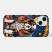 Cavalier King Charles Stains Glass Night Sky Moon iPhone 15 Hülle (Rückseite (Horizontal))