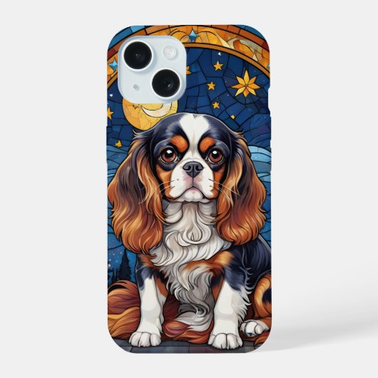 Cavalier King Charles Stains Glass Night Sky Moon iPhone 15 Hülle (Rückseite)