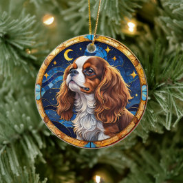Cavalier King Charles Stains Glass Night Sky Moon Keramik Ornament