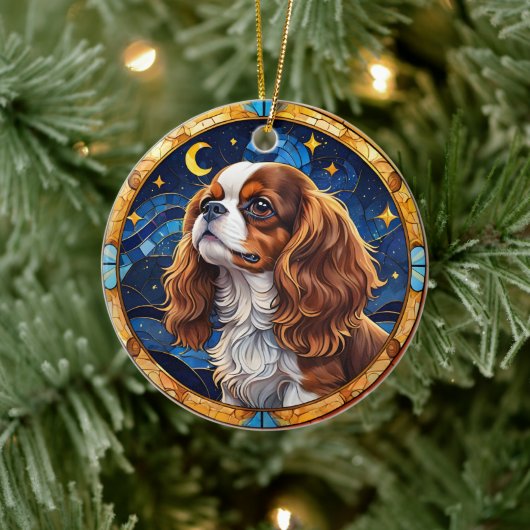 Cavalier King Charles Stains Glass Night Sky Moon Keramik Ornament (Baum)