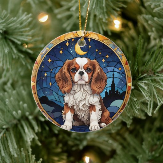 Cavalier King Charles Stains Glass Night Sky Moon Keramik Ornament (Baum)