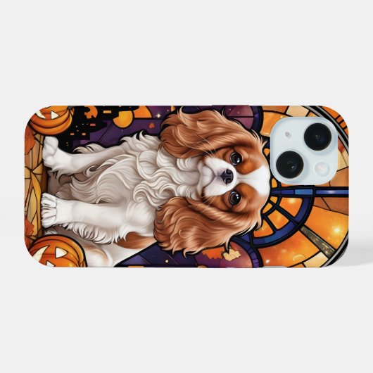 Cavalier King Charles Stared Glass Halloween Fall iPhone 15 Hülle (Rückseite (Horizontal))