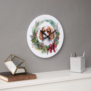 Cavalier King Christmas Wreath Festivals Große Wanduhr