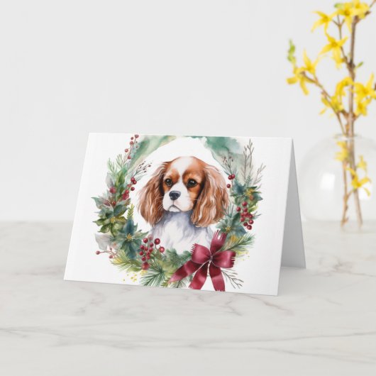 Cavalier King Christmas Wreath Festivals Karte (Gelbe Blume)