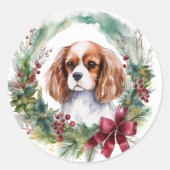 Cavalier King Christmas Wreath Festivals Runder Aufkleber (Vorderseite)