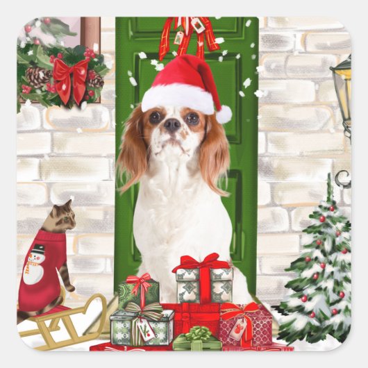 Cavalier King Dog Christmas Quadratischer Aufkleber (Vorderseite)