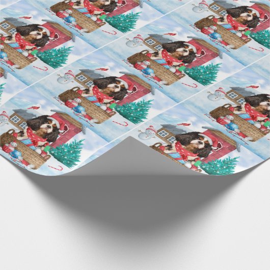 Cavalier King Dog im Schnee Weihnachtshundehaus Geschenkpapier (Ecke)