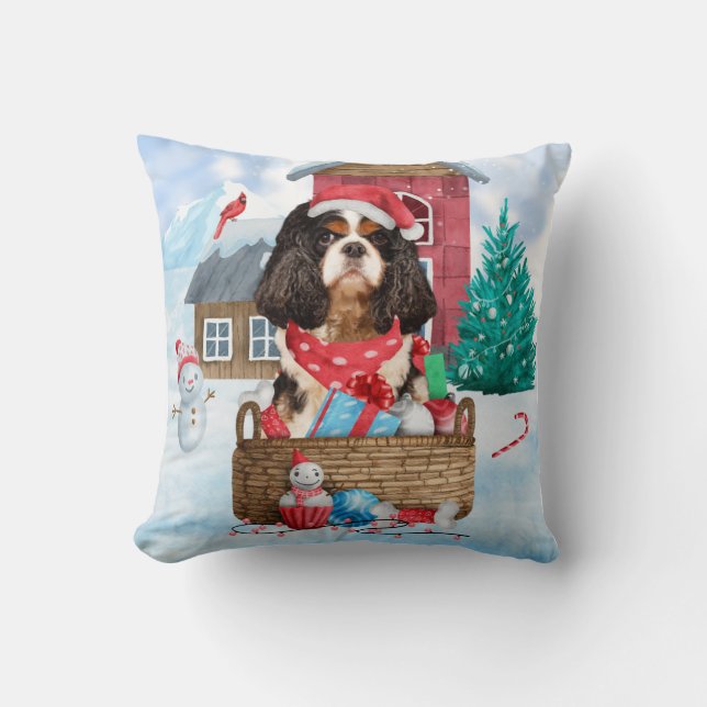 Cavalier King Dog im Schnee Weihnachtshundehaus Kissen (Vorderseite)