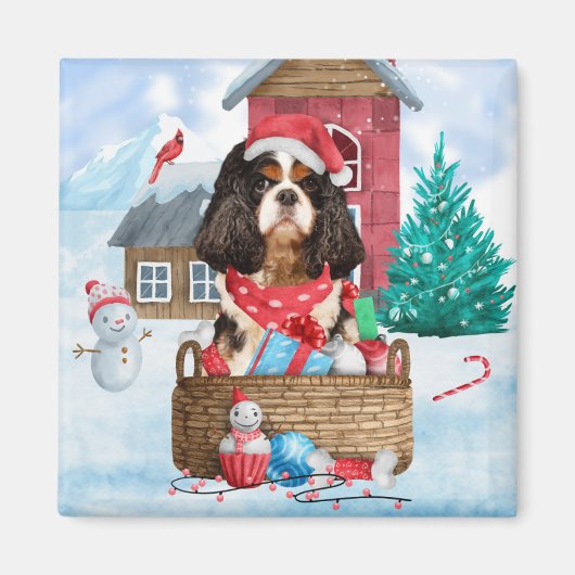 Cavalier King Dog im Schnee Weihnachtshundehaus Magnet (Vorne)