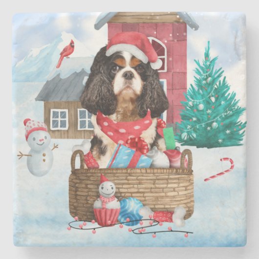 Cavalier King Dog im Schnee Weihnachtshundehaus Steinuntersetzer (Vorderseite)