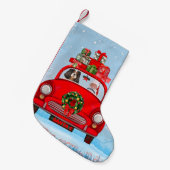 Cavalier King Dog in Auto mit dem Weihnachtsmann Kleiner Weihnachtsstrumpf (Vorderansicht (hängend))