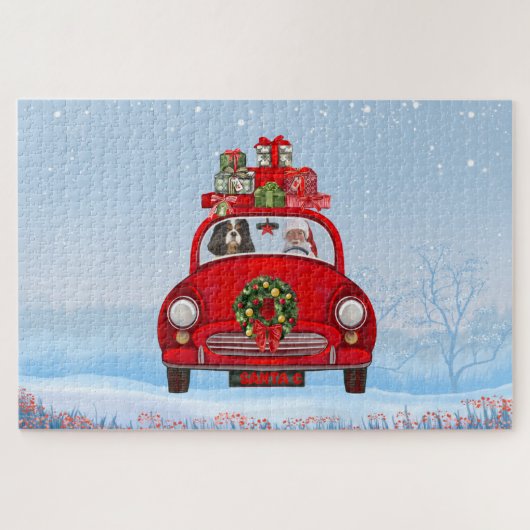 Cavalier King Dog in Auto mit dem Weihnachtsmann Puzzle (Horizontal)