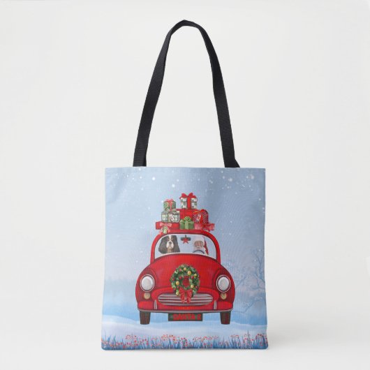 Cavalier King Dog in Auto mit dem Weihnachtsmann Tasche (Vorderseite)