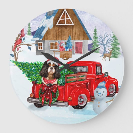 Cavalier King Dog in Christmas Delivery Truck Schn Große Wanduhr (Vorderseite)
