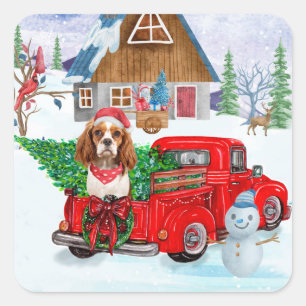 Cavalier King Dog in Christmas Delivery Truck Schn Quadratischer Aufkleber