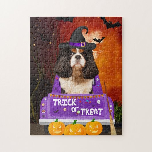 Cavalier King Dog in Halloween Truck Puzzle (Vertikal)