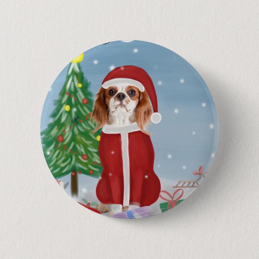 Cavalier King Dog in Snow mit Weihnachtsgeschenken Button (Vorderseite)