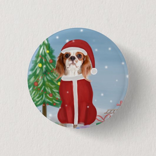 Cavalier King Dog in Snow mit Weihnachtsgeschenken Button (Vorderseite)