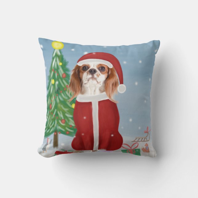 Cavalier King Dog in Snow mit Weihnachtsgeschenken Kissen (Vorderseite)