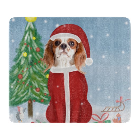 Cavalier King Dog in Snow mit Weihnachtsgeschenken Schneidebrett (Vorderseite)