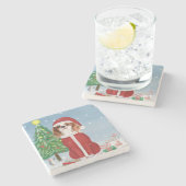 Cavalier King Dog in Snow mit Weihnachtsgeschenken Steinuntersetzer (Seitenansicht)