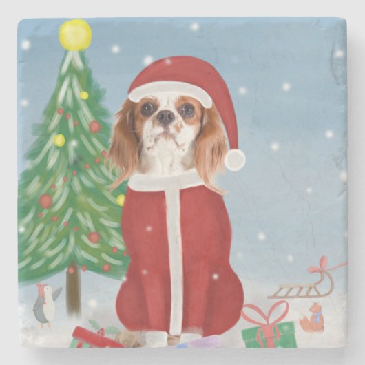 Cavalier King Dog in Snow mit Weihnachtsgeschenken Steinuntersetzer (Vorderseite)