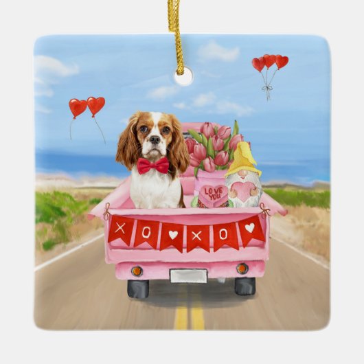 Cavalier King Dog Valentine's Day Lkw Herz Keramikornament (Vorderseite)