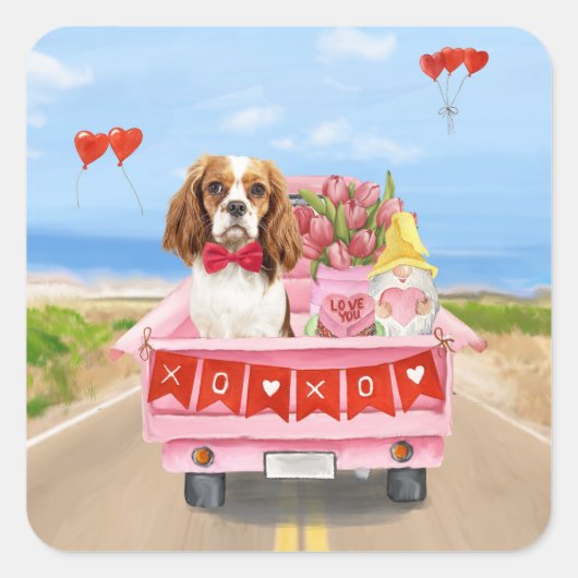 Cavalier King Dog Valentine's Day Lkw Herz Quadratischer Aufkleber (Vorderseite)