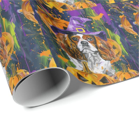 Cavalier King Hund Halloween Hexe und Kürbis Geschenkpapier (Rolleneckpunkt)