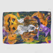 Cavalier King Hund Halloween Hexe und Kürbis Golfhandtuch (Horizontal)