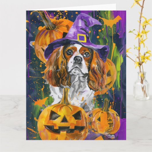 Cavalier King Hund Halloween Hexe und Kürbis Karte (Gelbe Blume)