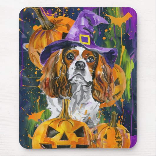 Cavalier King Hund Halloween Hexe und Kürbis Mousepad (Vorne)