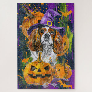 Cavalier King Hund Halloween Hexe und Kürbis Puzzle