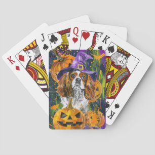 Cavalier King Hund Halloween Hexe und Kürbis Spielkarten