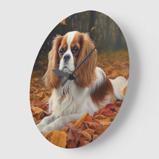 Cavalier King im Herbst Leaves Fall Inspiriert Große Wanduhr (Winkel)